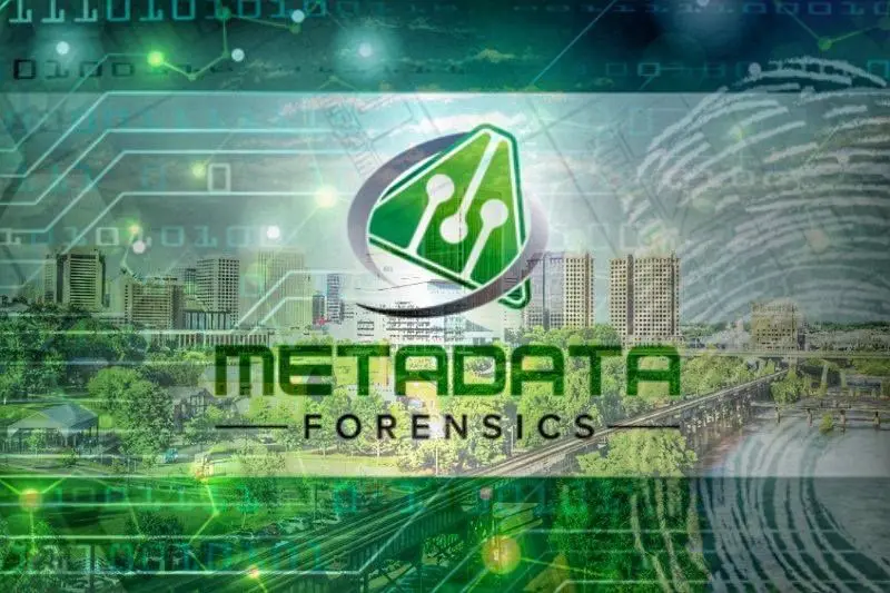 A green and white logo for metadata forensics.